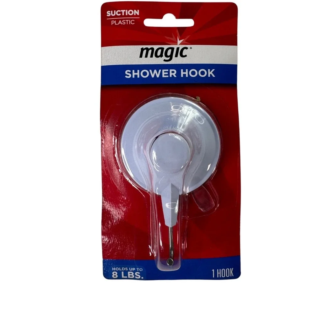Magic Shower Hook Suction Cup Heavy Duty Plastic White Holds 8 lbs‎ Bathroom New